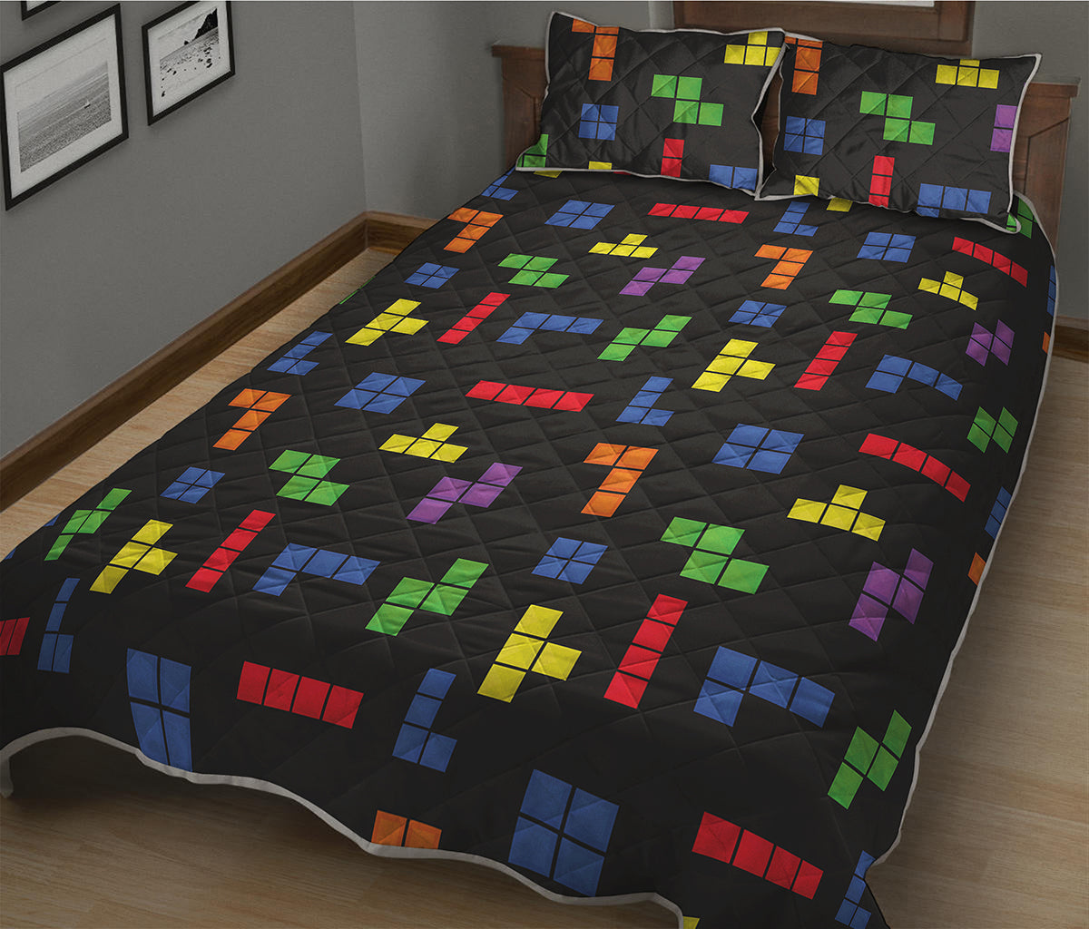 Colorful Block Puzzle Game Pattern Print Quilt Bed Set