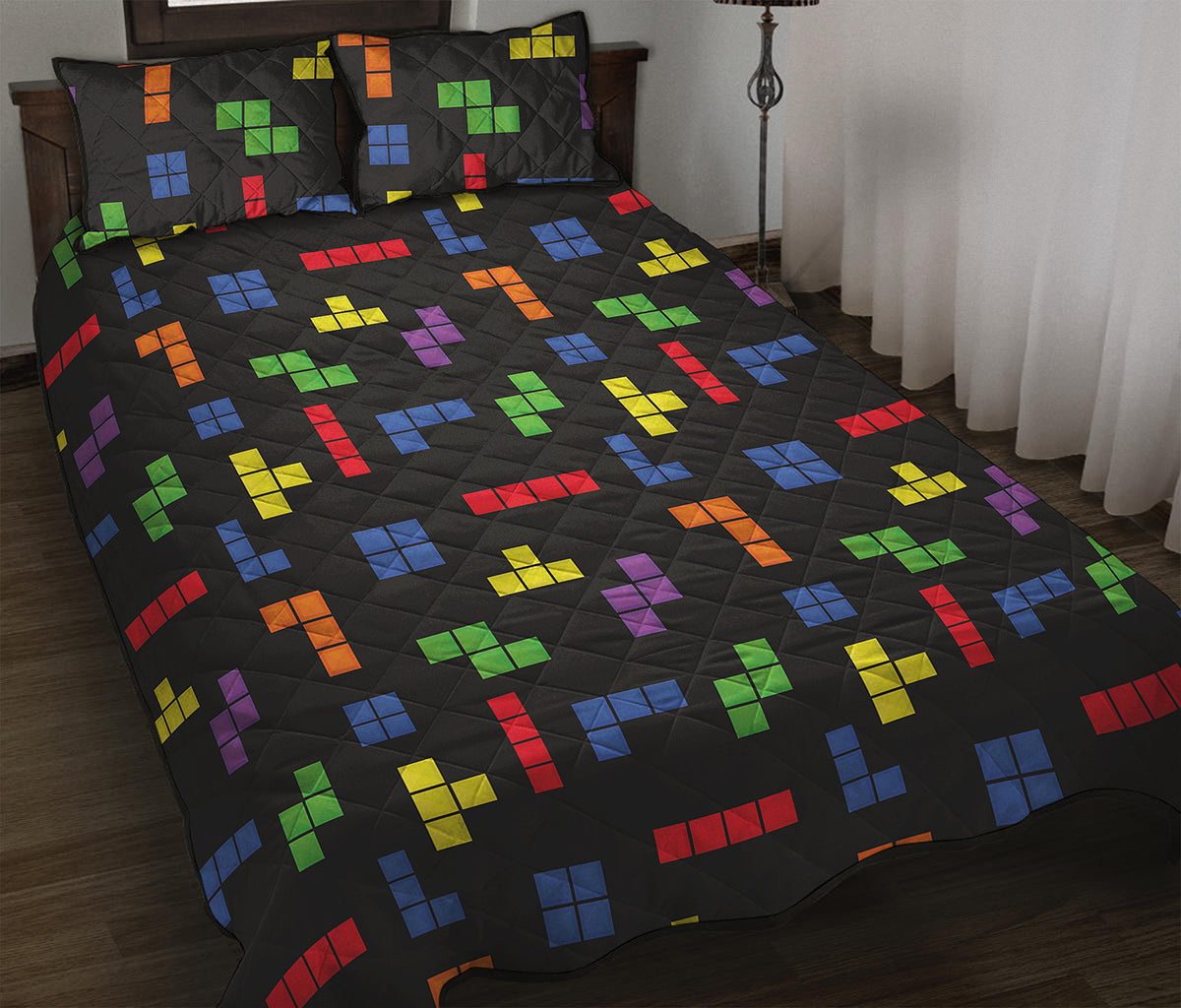 Colorful Block Puzzle Game Pattern Print Quilt Bed Set