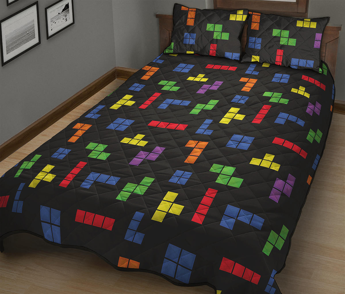 Colorful Block Puzzle Game Pattern Print Quilt Bed Set