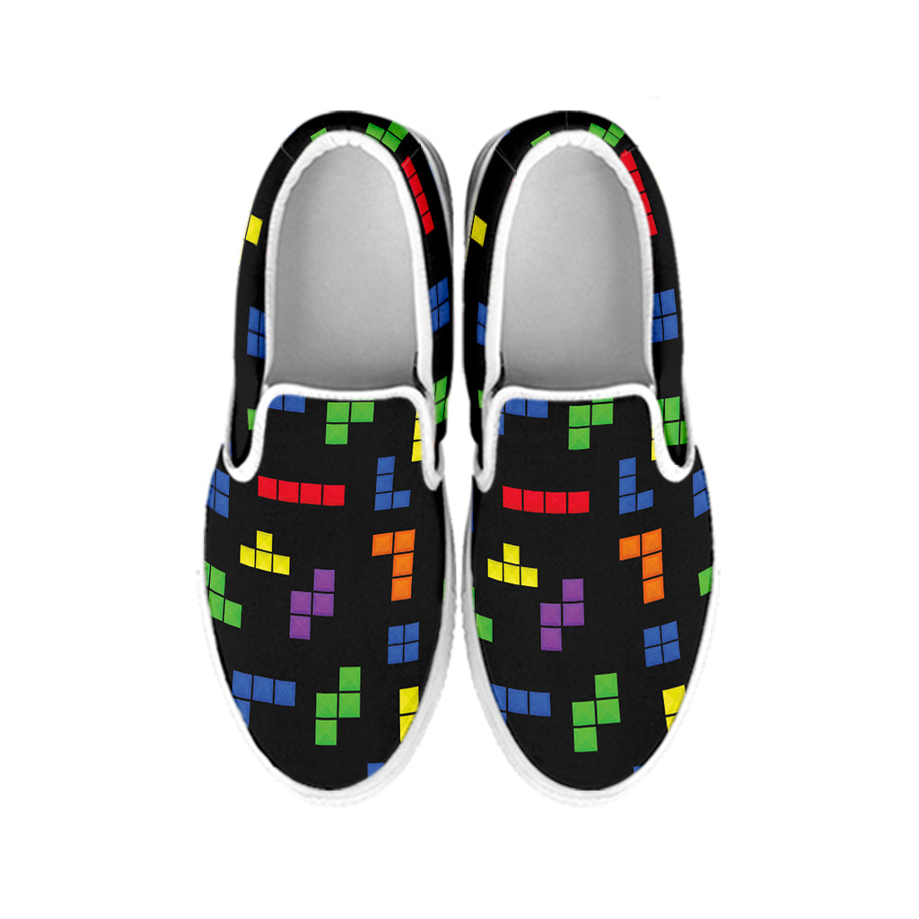 Colorful Block Puzzle Game Pattern Print White Slip On Shoes