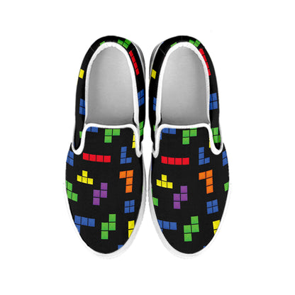Colorful Block Puzzle Game Pattern Print White Slip On Shoes