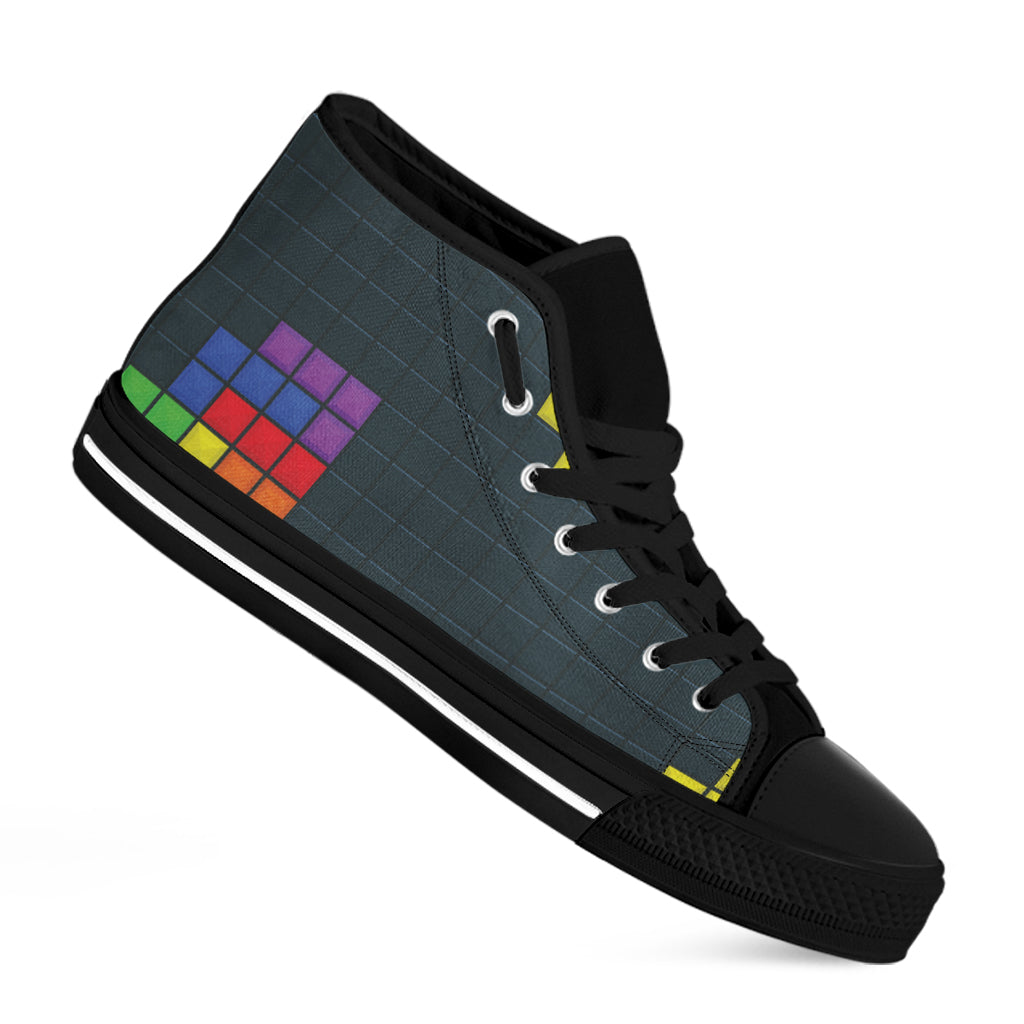 Colorful Block Puzzle Video Game Print Black High Top Shoes