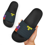 Colorful Block Puzzle Video Game Print Black Slide Sandals