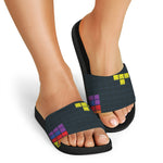 Colorful Block Puzzle Video Game Print Black Slide Sandals