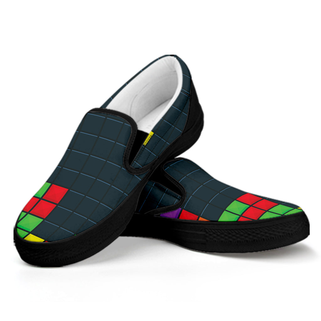 Colorful Block Puzzle Video Game Print Black Slip On Shoes