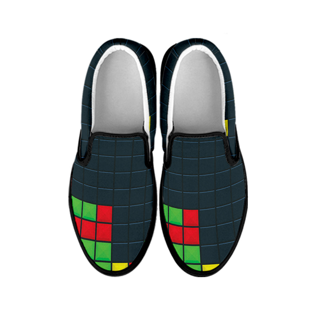 Colorful Block Puzzle Video Game Print Black Slip On Shoes