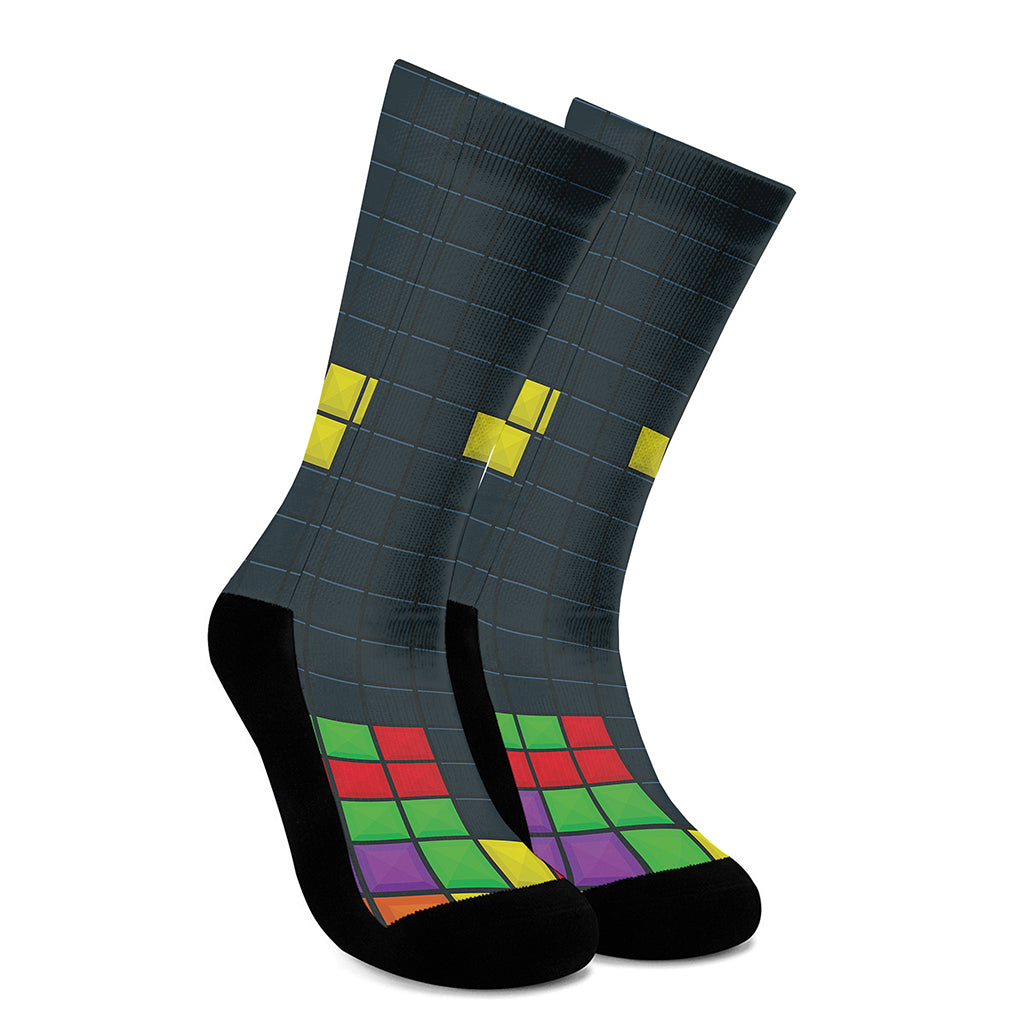 Colorful Block Puzzle Video Game Print Crew Socks