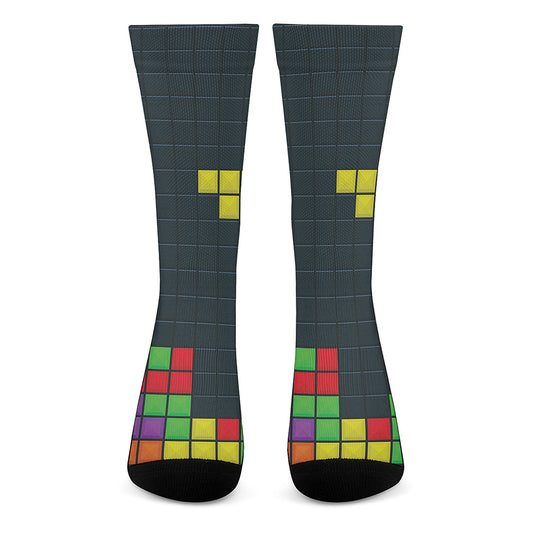 Colorful Block Puzzle Video Game Print Crew Socks