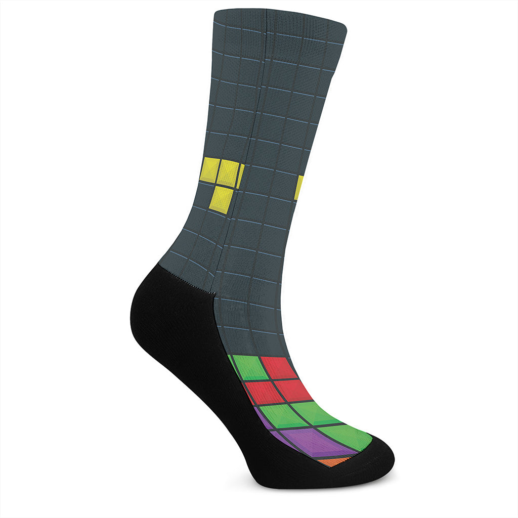 Colorful Block Puzzle Video Game Print Crew Socks