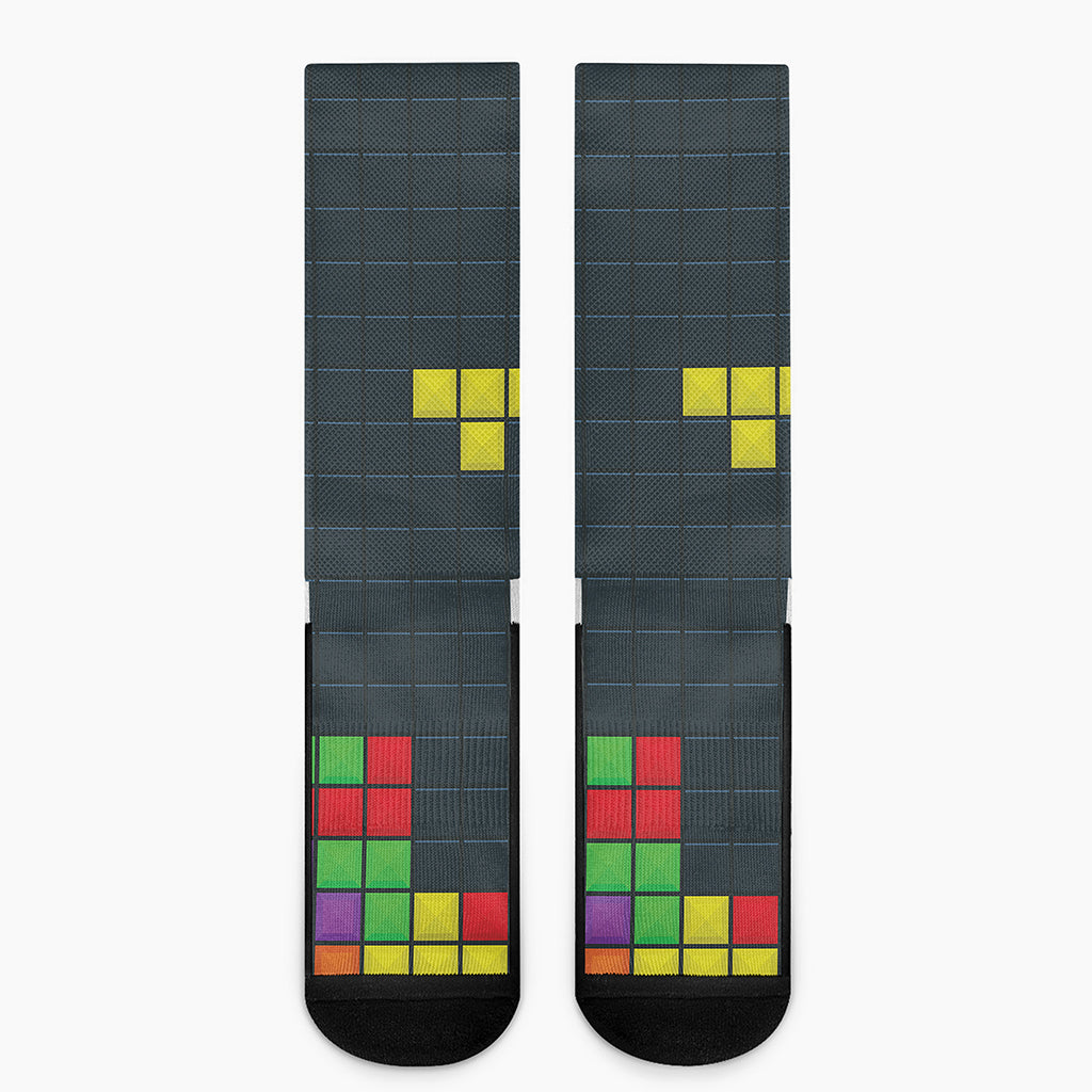Colorful Block Puzzle Video Game Print Crew Socks