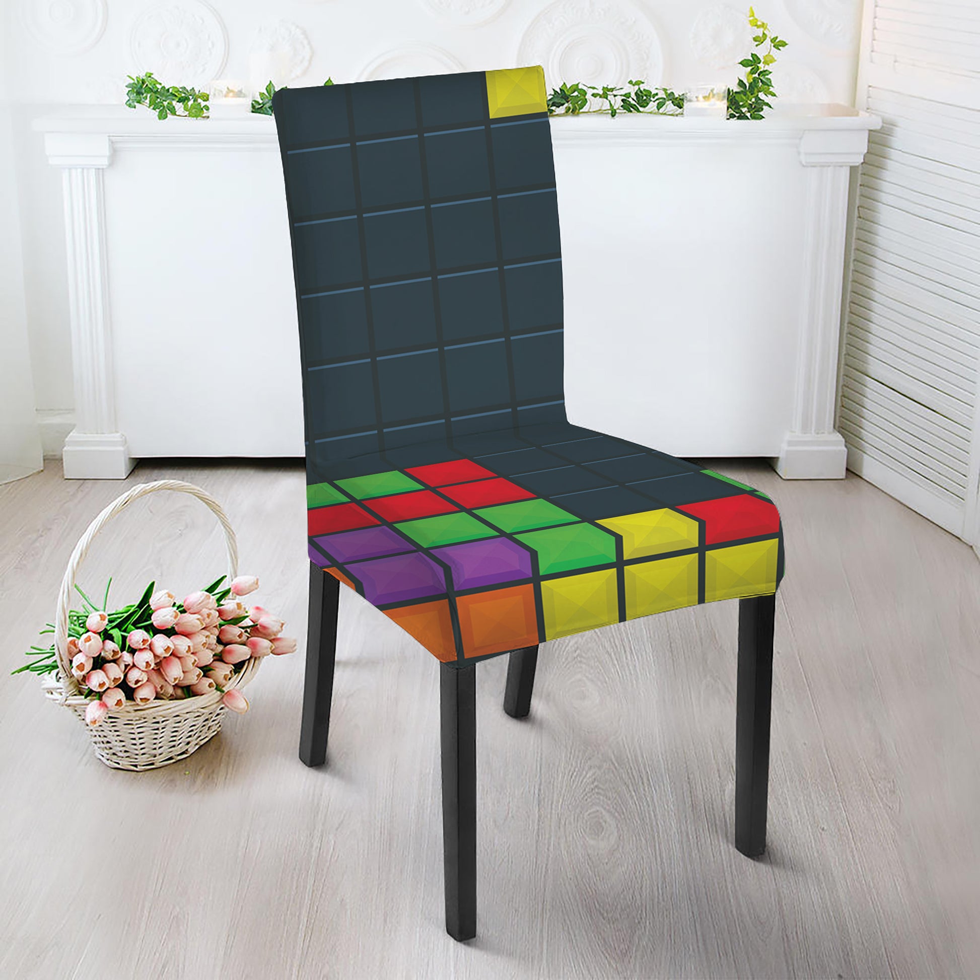 Colorful Block Puzzle Video Game Print Dining Chair Slipcover