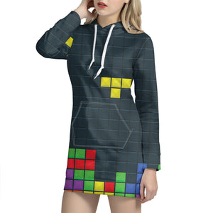 Colorful Block Puzzle Video Game Print Hoodie Dress
