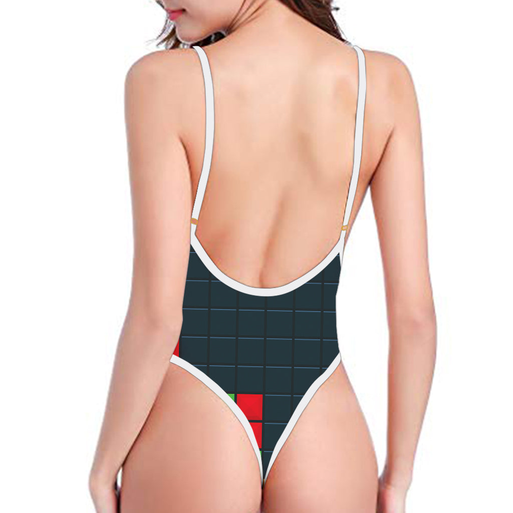 Colorful Block Puzzle Video Game Print One Piece High Cut Swimsuit