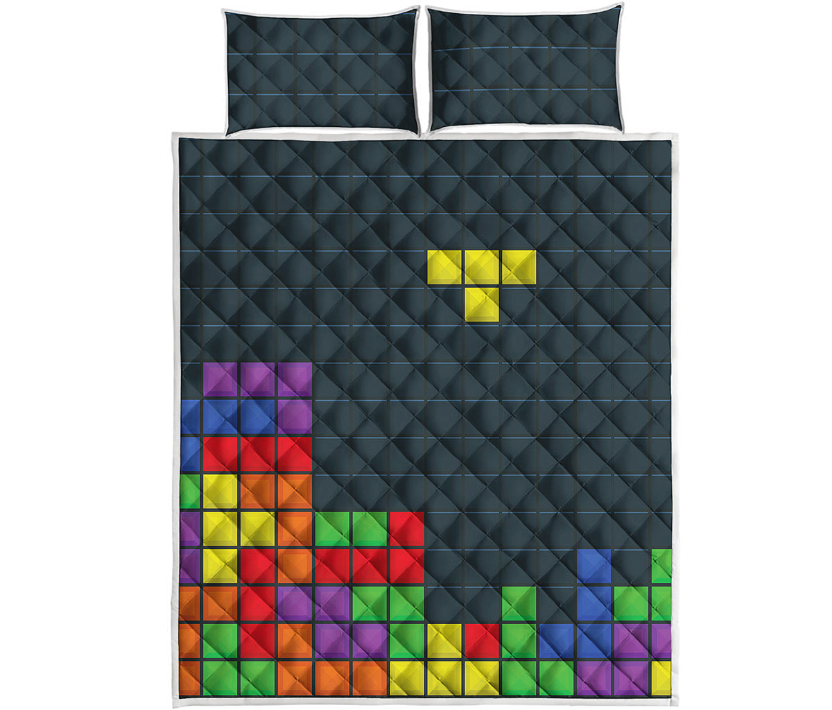 Colorful Block Puzzle Video Game Print Quilt Bed Set