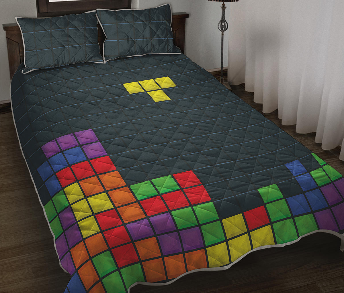 Colorful Block Puzzle Video Game Print Quilt Bed Set
