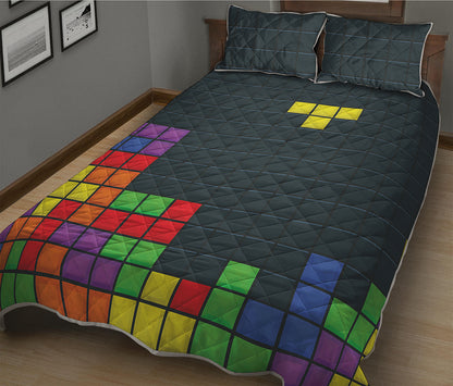 Colorful Block Puzzle Video Game Print Quilt Bed Set