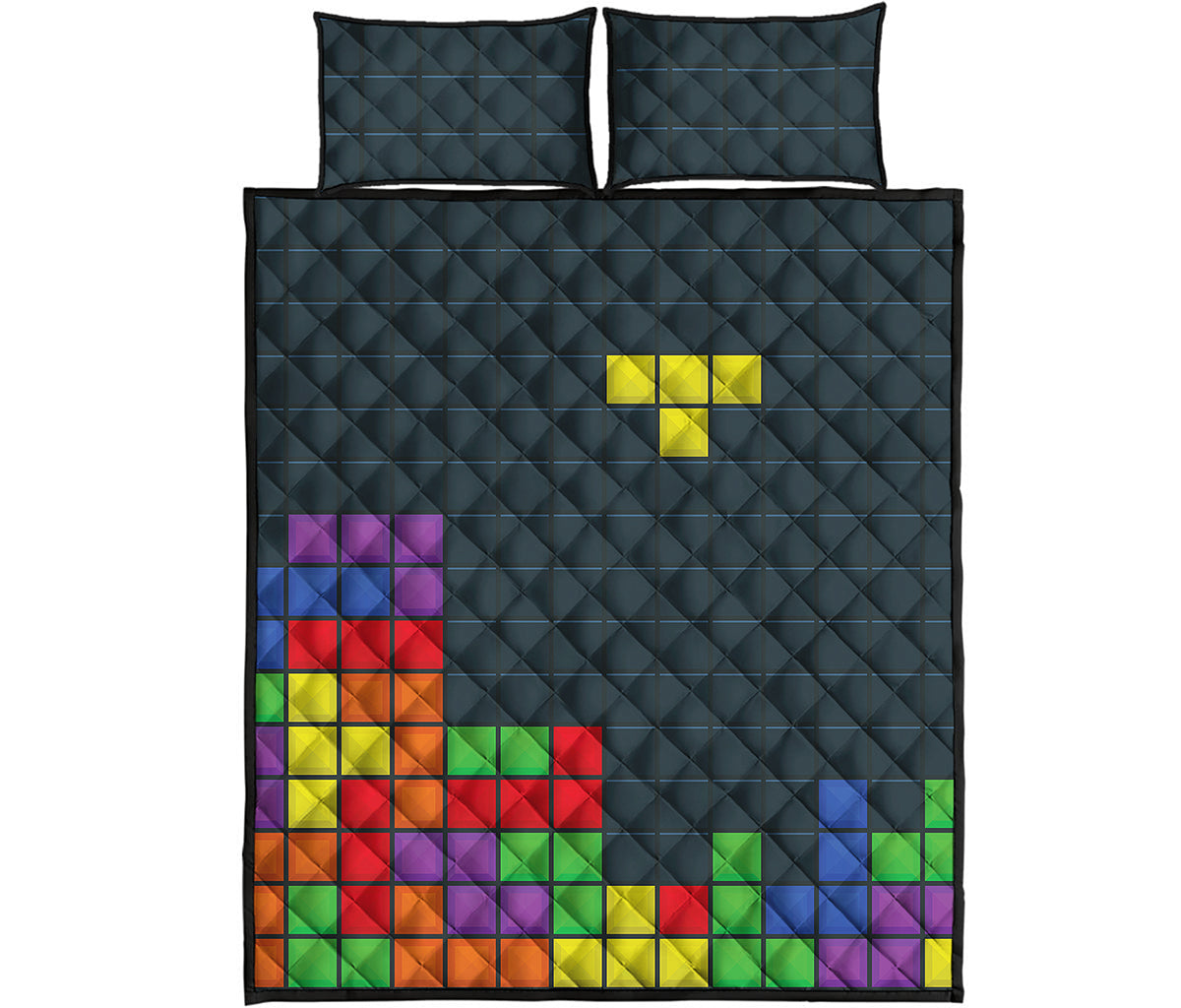 Colorful Block Puzzle Video Game Print Quilt Bed Set