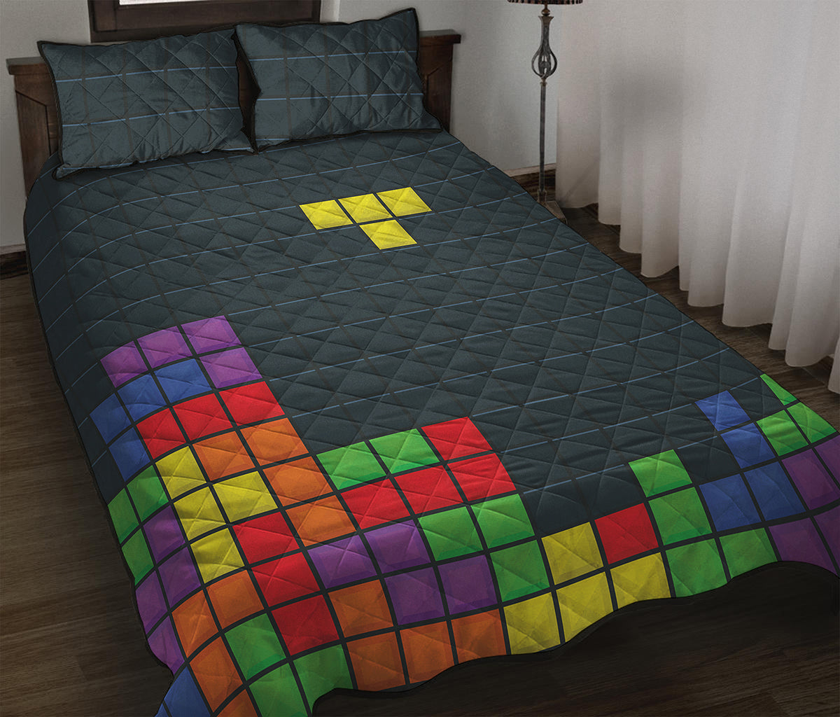 Colorful Block Puzzle Video Game Print Quilt Bed Set