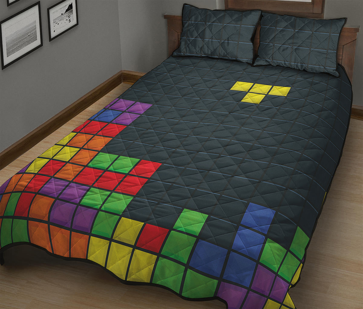 Colorful Block Puzzle Video Game Print Quilt Bed Set
