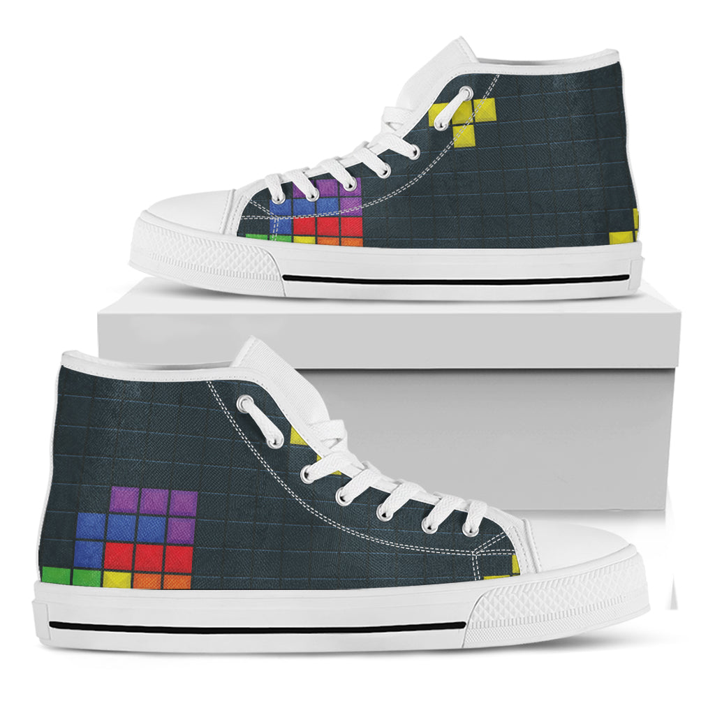 Colorful Block Puzzle Video Game Print White High Top Shoes