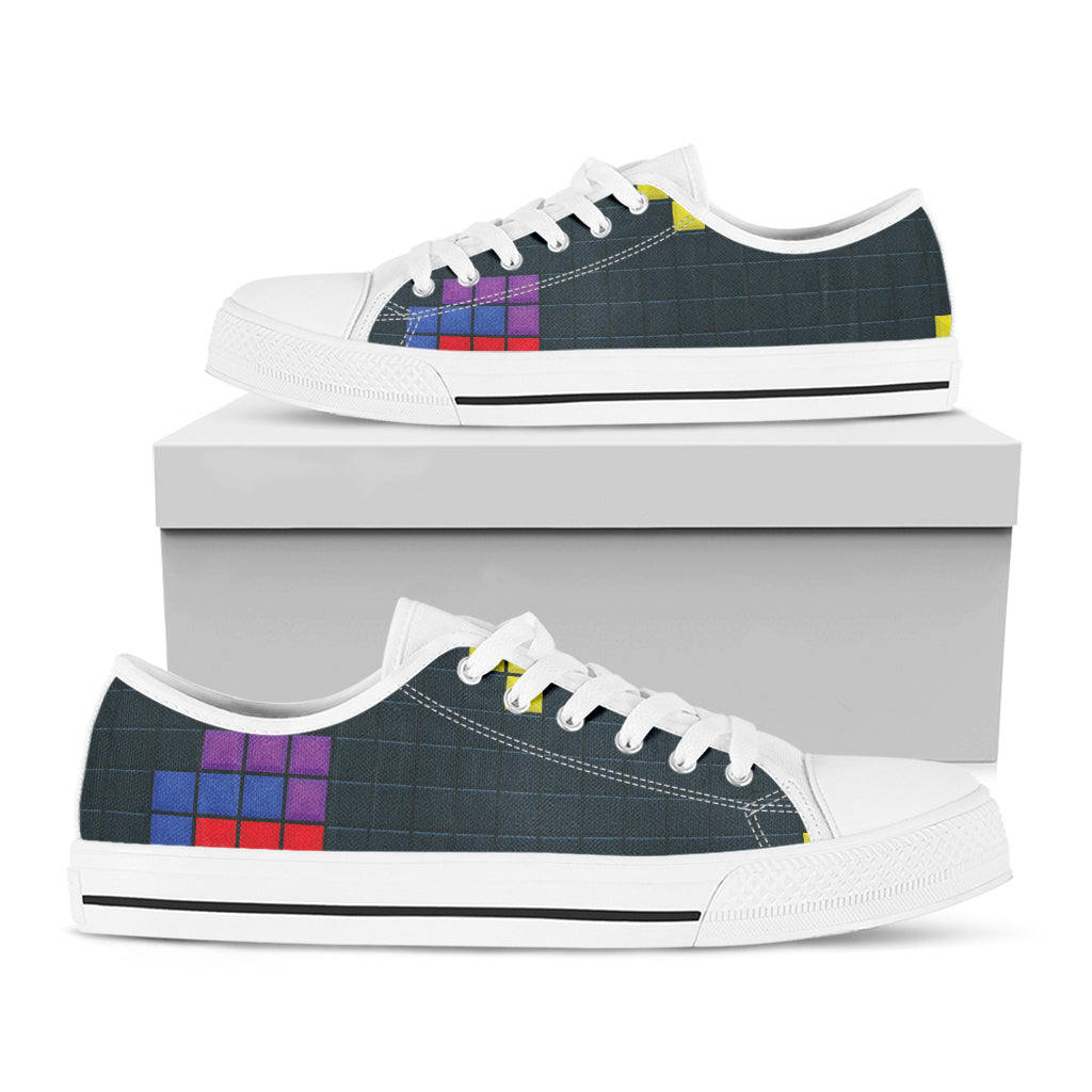 Colorful Block Puzzle Video Game Print White Low Top Shoes