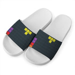 Colorful Block Puzzle Video Game Print White Slide Sandals