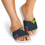 Colorful Block Puzzle Video Game Print White Slide Sandals