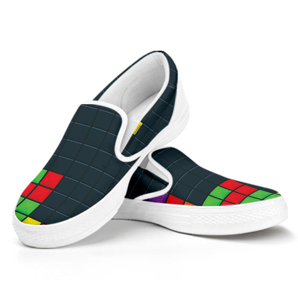 Colorful Block Puzzle Video Game Print White Slip On Shoes