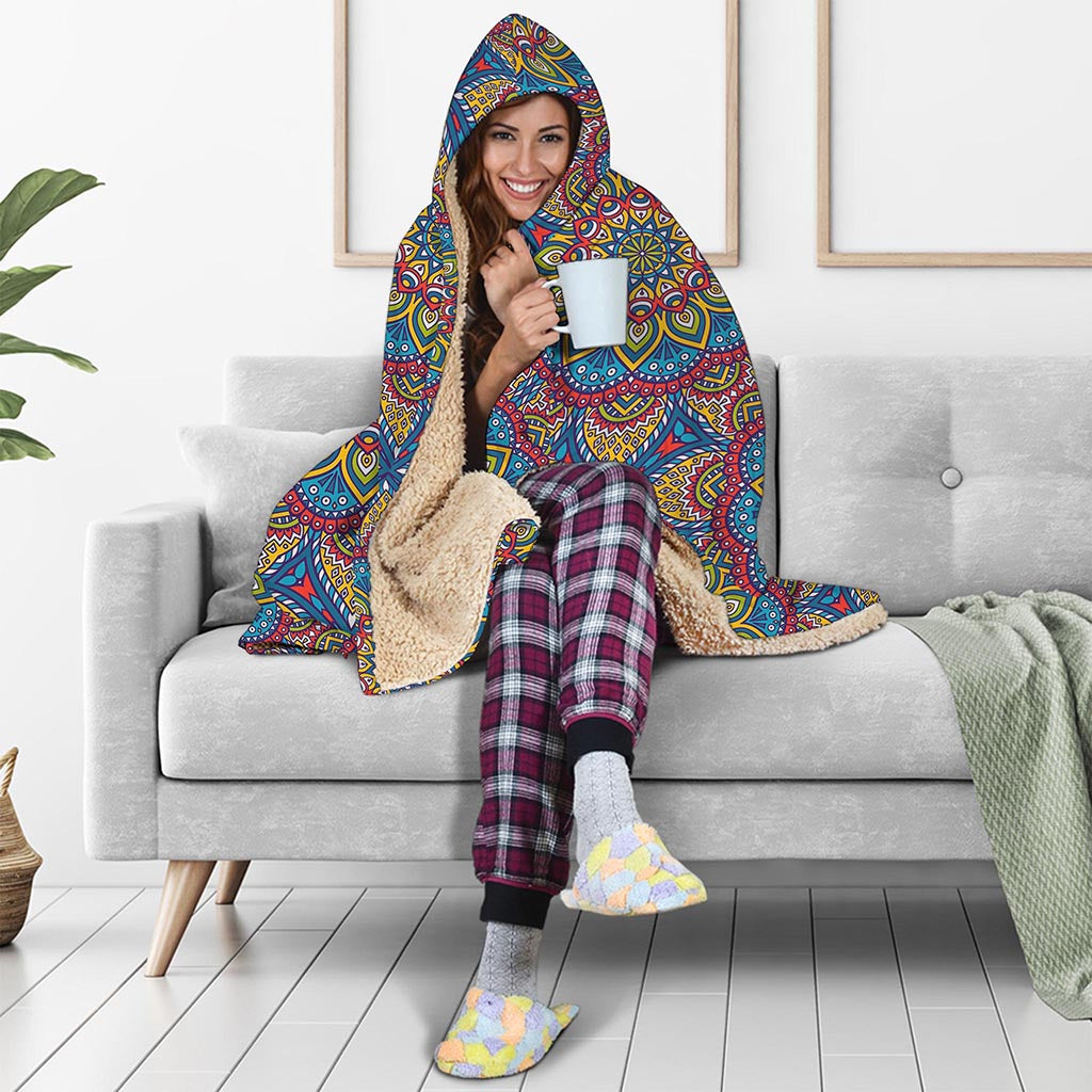 Colorful Bohemian Mandala Pattern Print Hooded Blanket