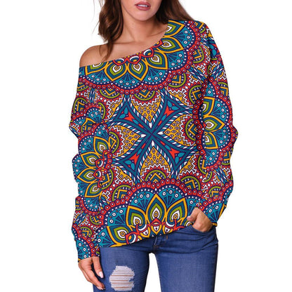 Colorful Bohemian Mandala Pattern Print Off Shoulder Sweatshirt GearFrost