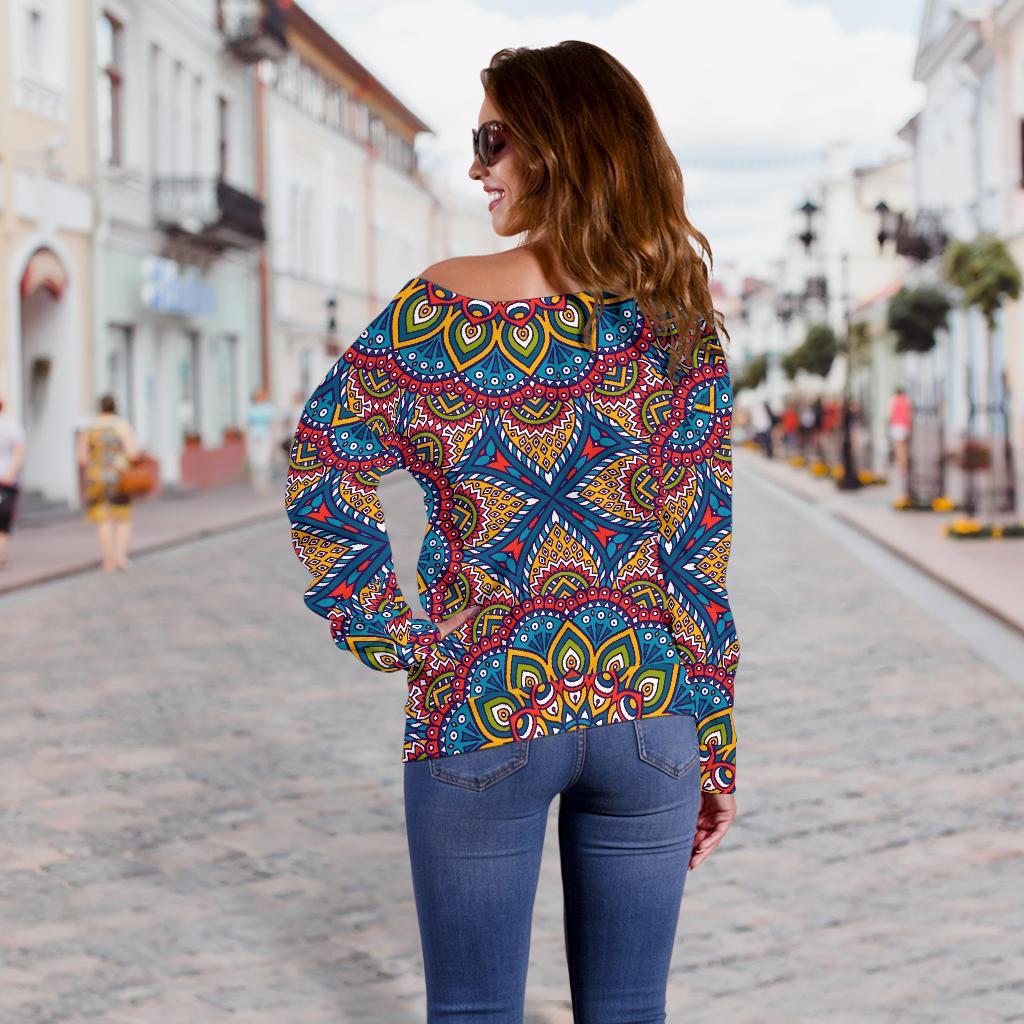 Colorful Bohemian Mandala Pattern Print Off Shoulder Sweatshirt GearFrost