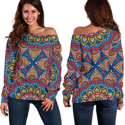 Colorful Bohemian Mandala Pattern Print Off Shoulder Sweatshirt GearFrost