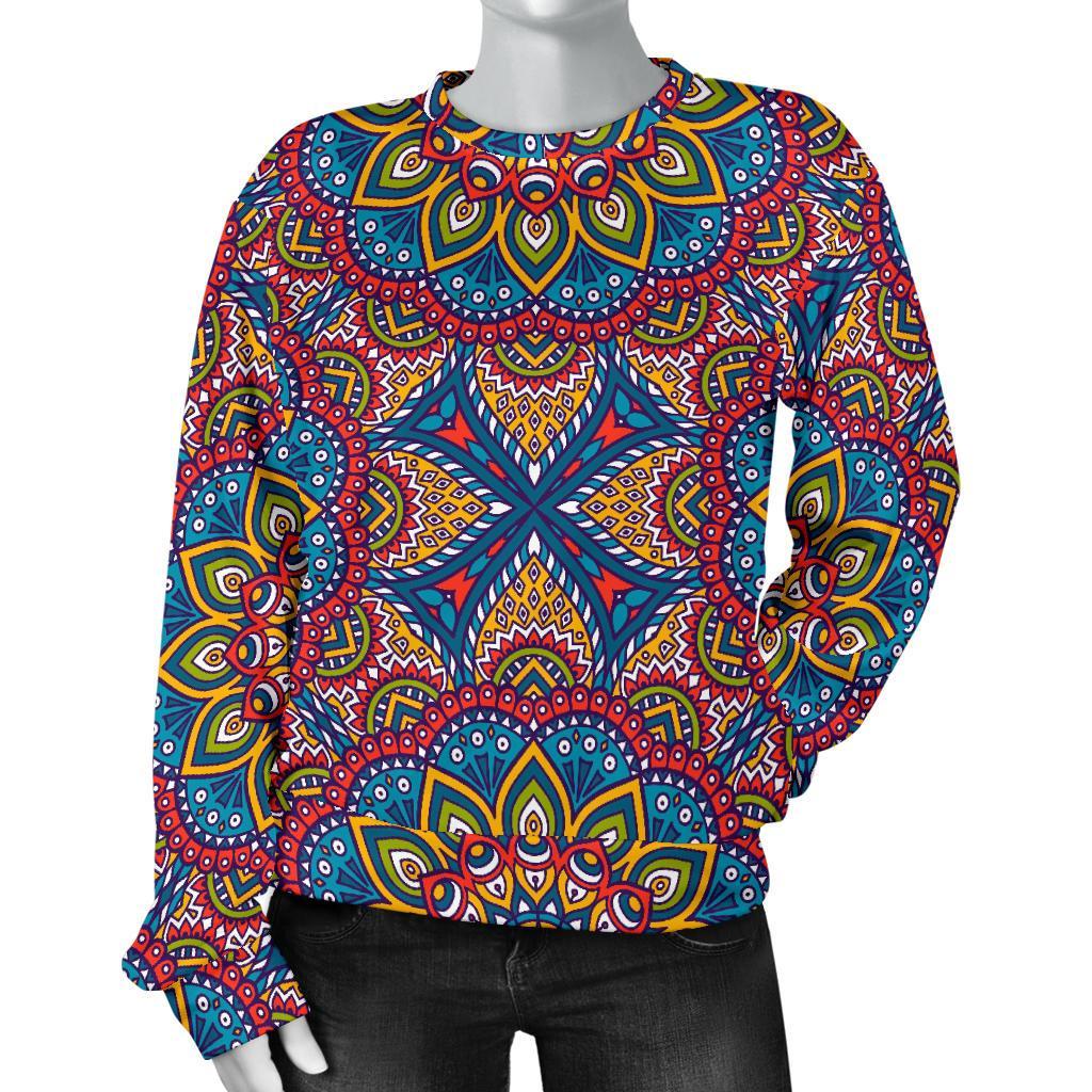 Colorful Bohemian Mandala Pattern Print Women's Crewneck Sweatshirt GearFrost