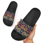 Colorful Boho Paisley Pattern Print Black Slide Sandals