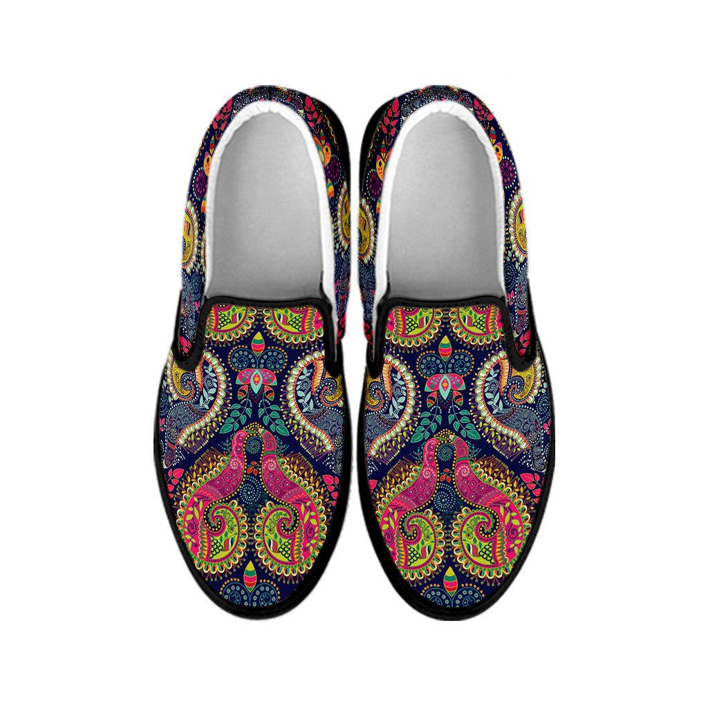 Colorful Boho Paisley Pattern Print Black Slip On Shoes