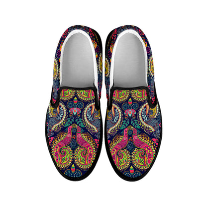 Colorful Boho Paisley Pattern Print Black Slip On Shoes