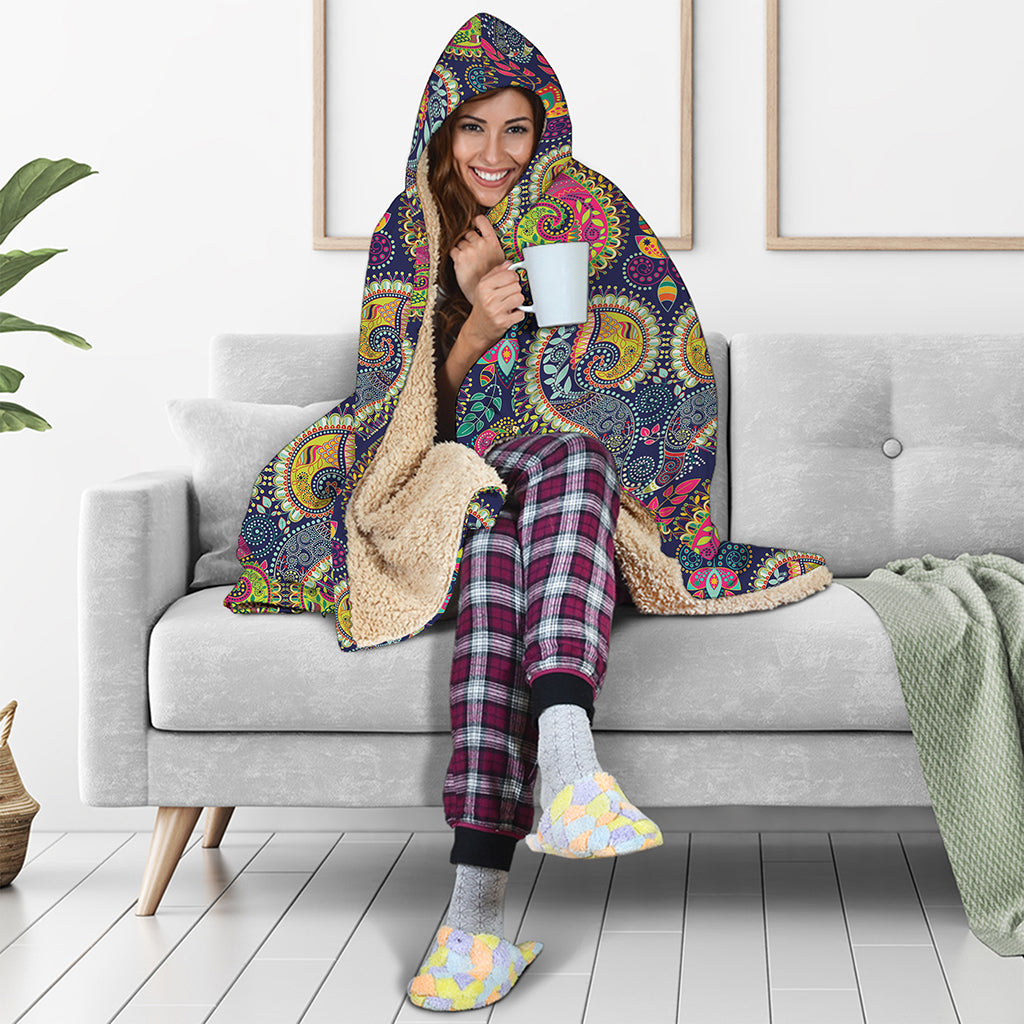 Colorful Boho Paisley Pattern Print Hooded Blanket