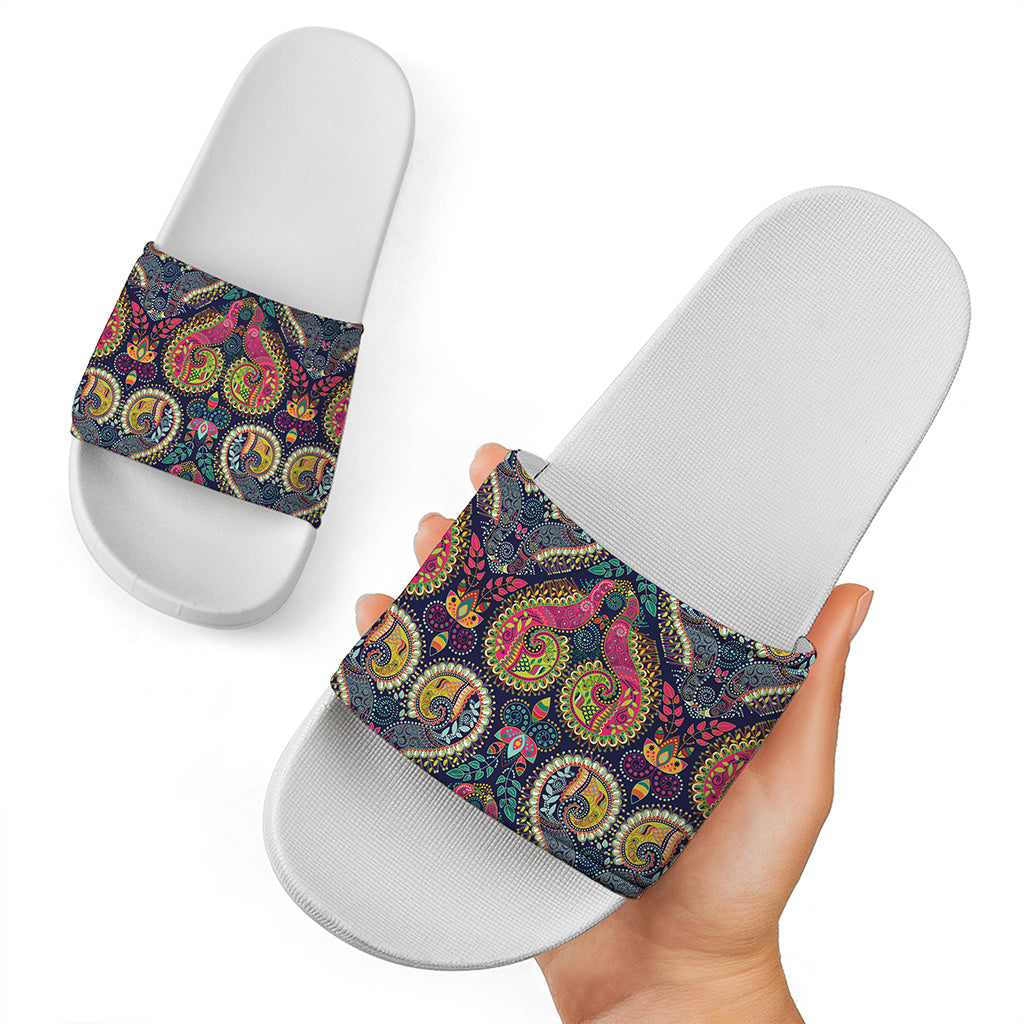 Colorful Boho Paisley Pattern Print White Slide Sandals