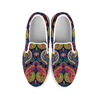 Colorful Boho Paisley Pattern Print White Slip On Shoes