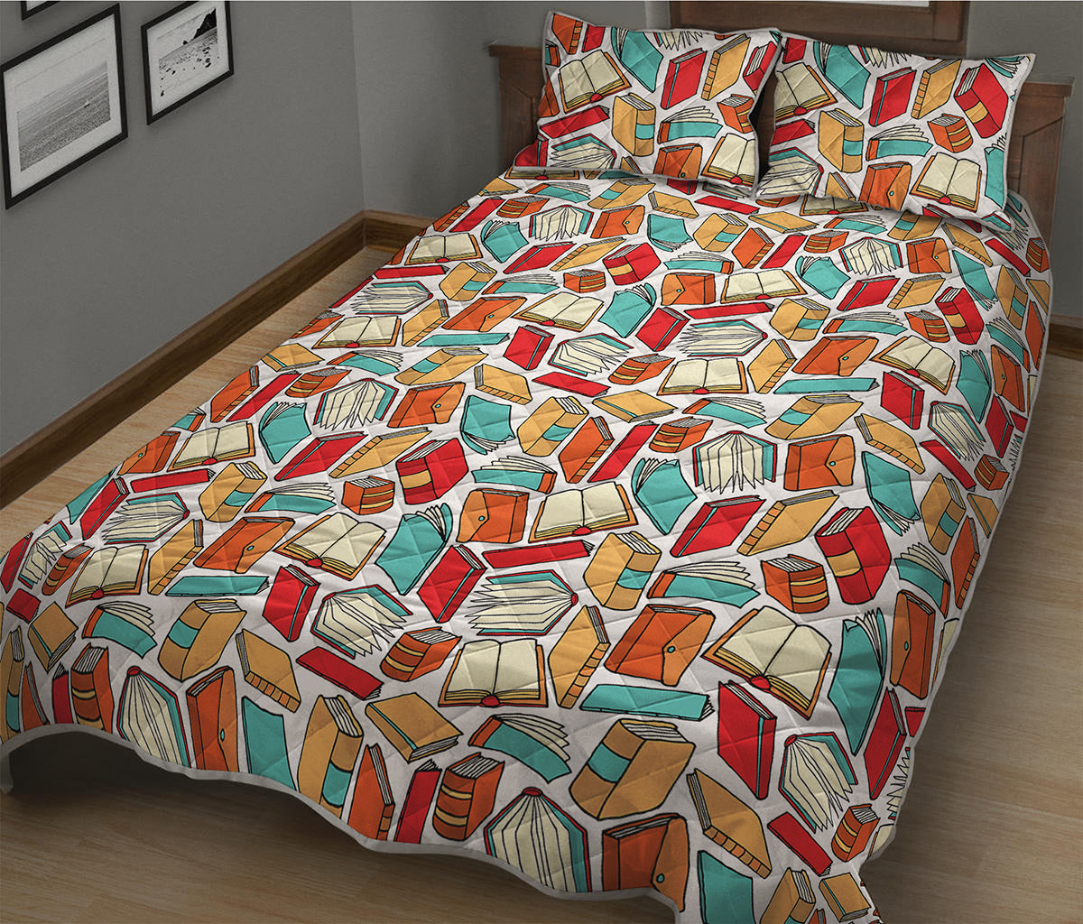 Colorful Books Pattern Print Quilt Bed Set