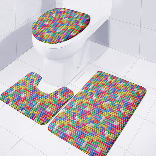 Colorful Brick Puzzle Game Pattern Print 3 Piece Bath Mat Set
