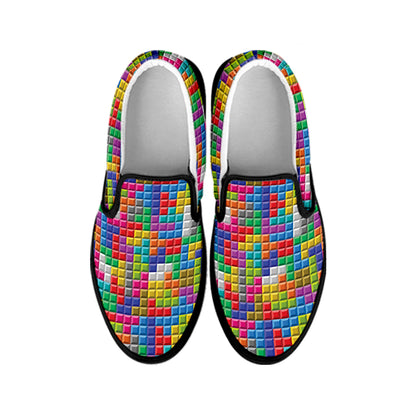 Colorful Brick Puzzle Game Pattern Print Black Slip On Shoes