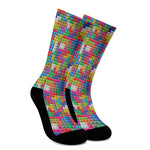 Colorful Brick Puzzle Game Pattern Print Crew Socks