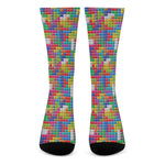 Colorful Brick Puzzle Game Pattern Print Crew Socks
