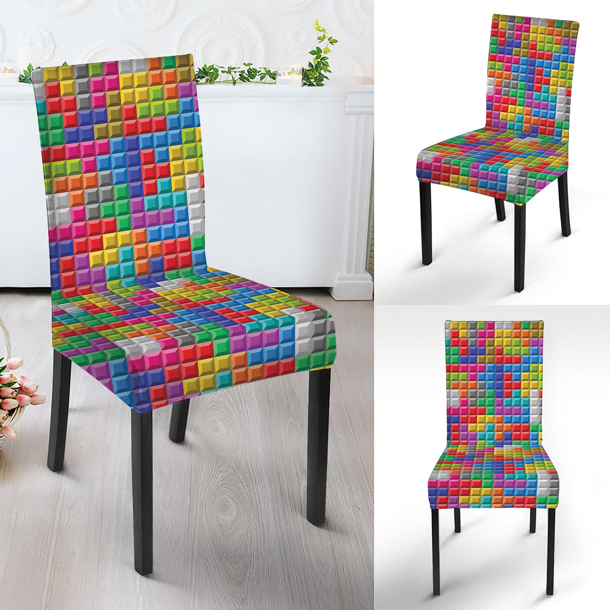 Colorful Brick Puzzle Game Pattern Print Dining Chair Slipcover
