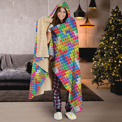 Colorful Brick Puzzle Game Pattern Print Hooded Blanket