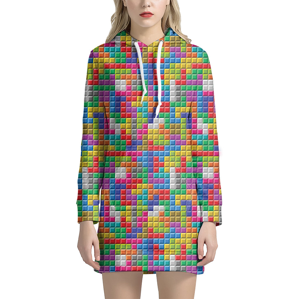 Colorful Brick Puzzle Game Pattern Print Hoodie Dress