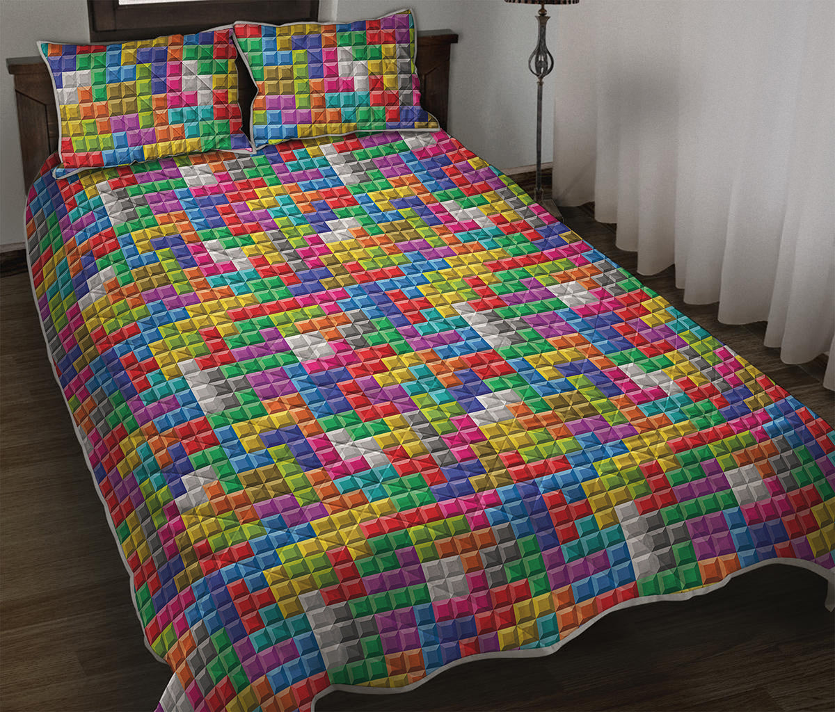 Colorful Brick Puzzle Game Pattern Print Quilt Bed Set
