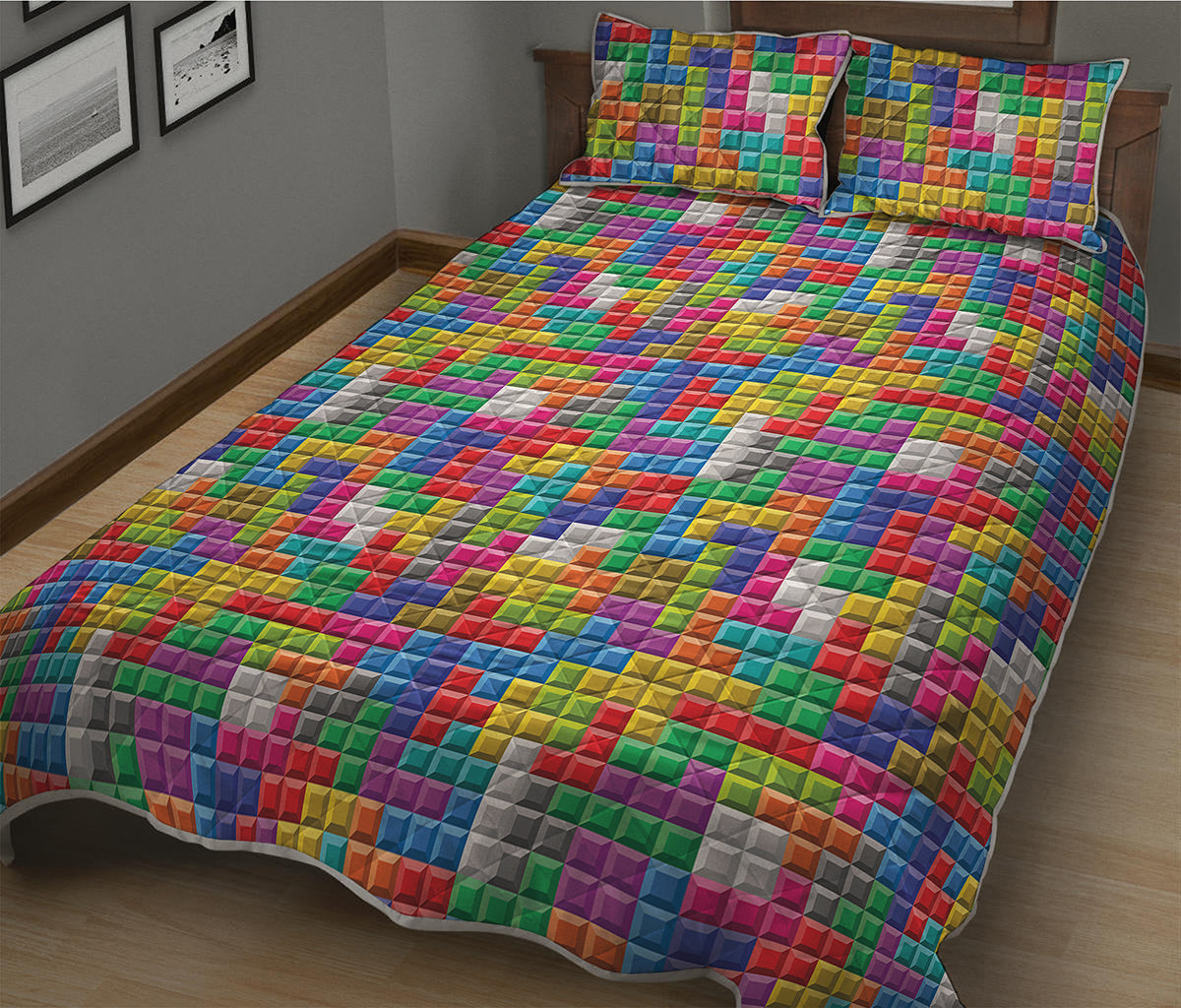 Colorful Brick Puzzle Game Pattern Print Quilt Bed Set