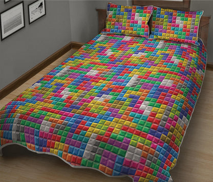 Colorful Brick Puzzle Game Pattern Print Quilt Bed Set